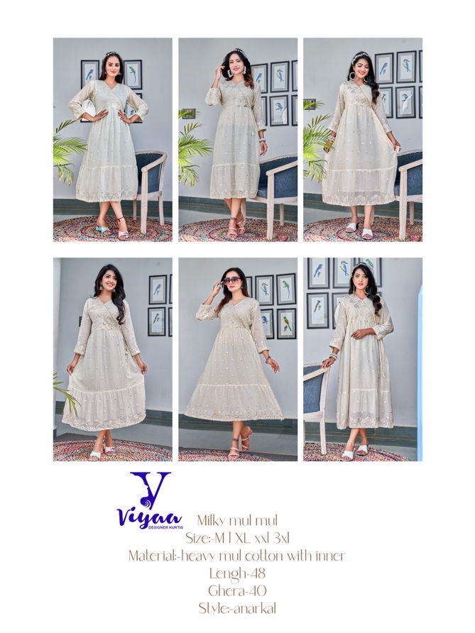 Milky Mul Mul By Viyaa Cotton Designer Anarkali Kurtis Catalog